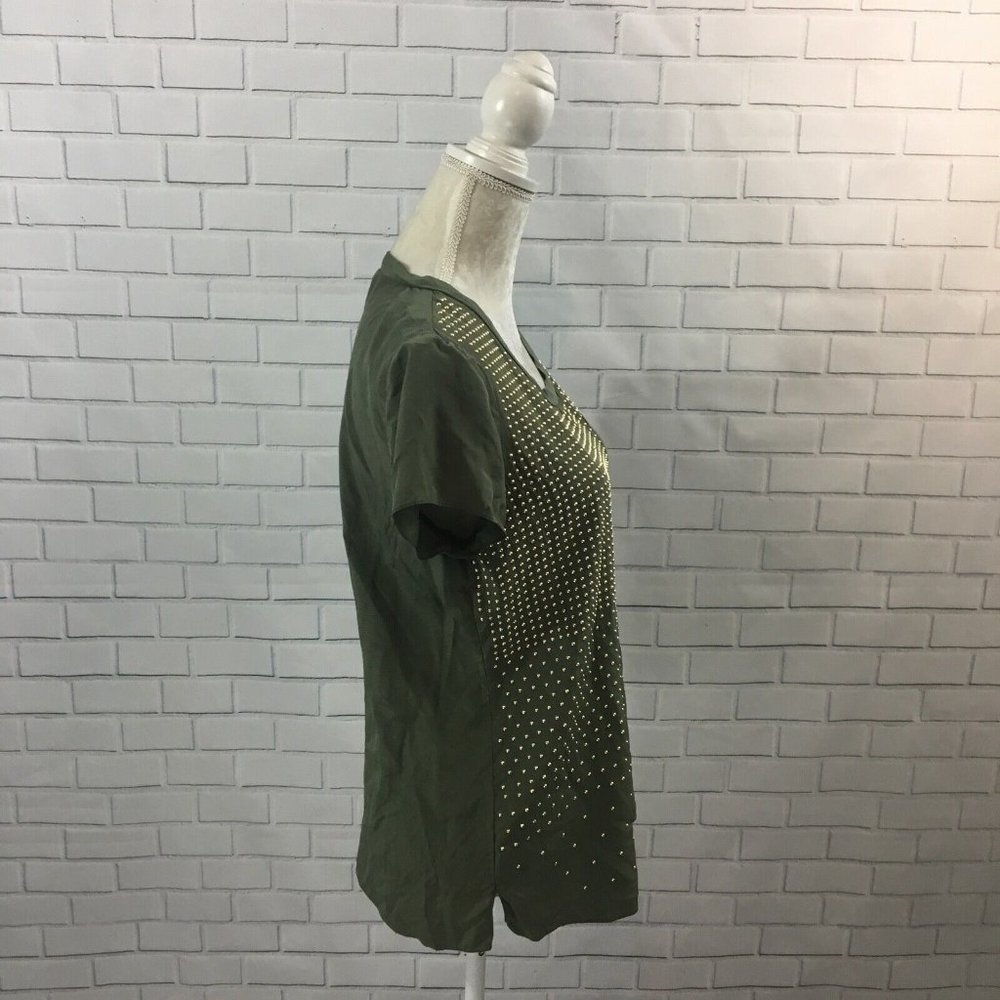 Per Se Sage Green and‎ Gold Studded 100% Silk Blouse w/ Breast Pocket US size 6 - Picture 3 of 6